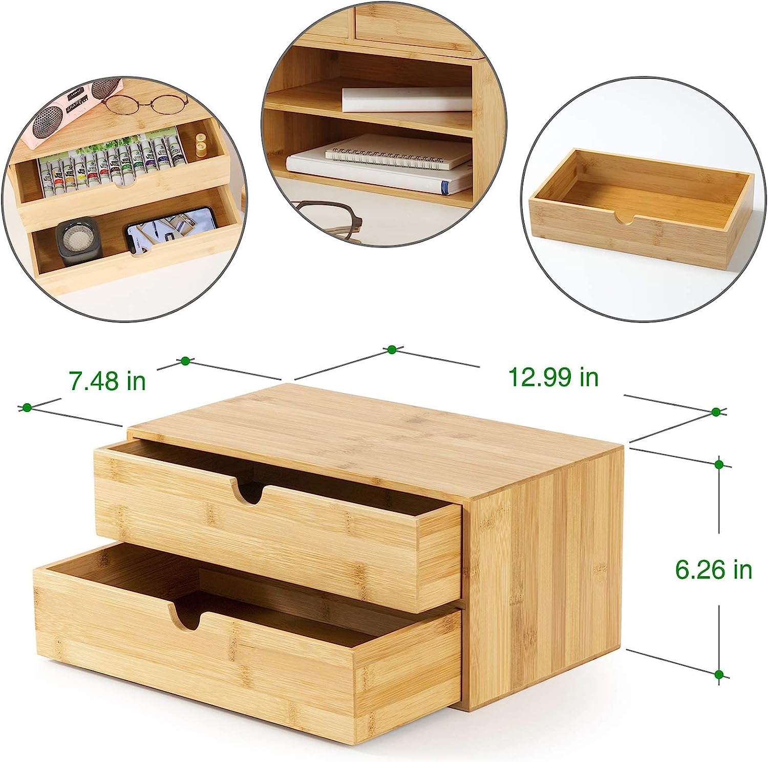 Wisuce 100% Original Bamboo Desk Organizer, Mini Bamboo Desk Drawer Tabletop Storage Organization Box for Office Home Toiletries Supplies Vanity, No Assembly Required (3 Drawer with Shelf) - Image 5